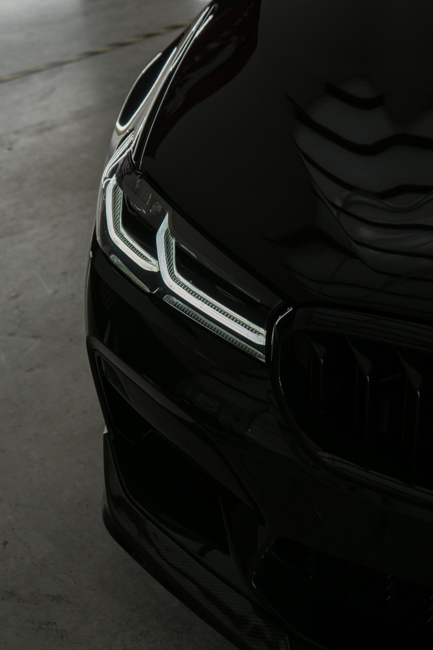 Close-up of the front of a black car